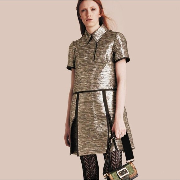 Burberry Metallic Pleated Floral Print Mini Dress Rare! Short Sleeves Women's 2 - Picture 1 of 11